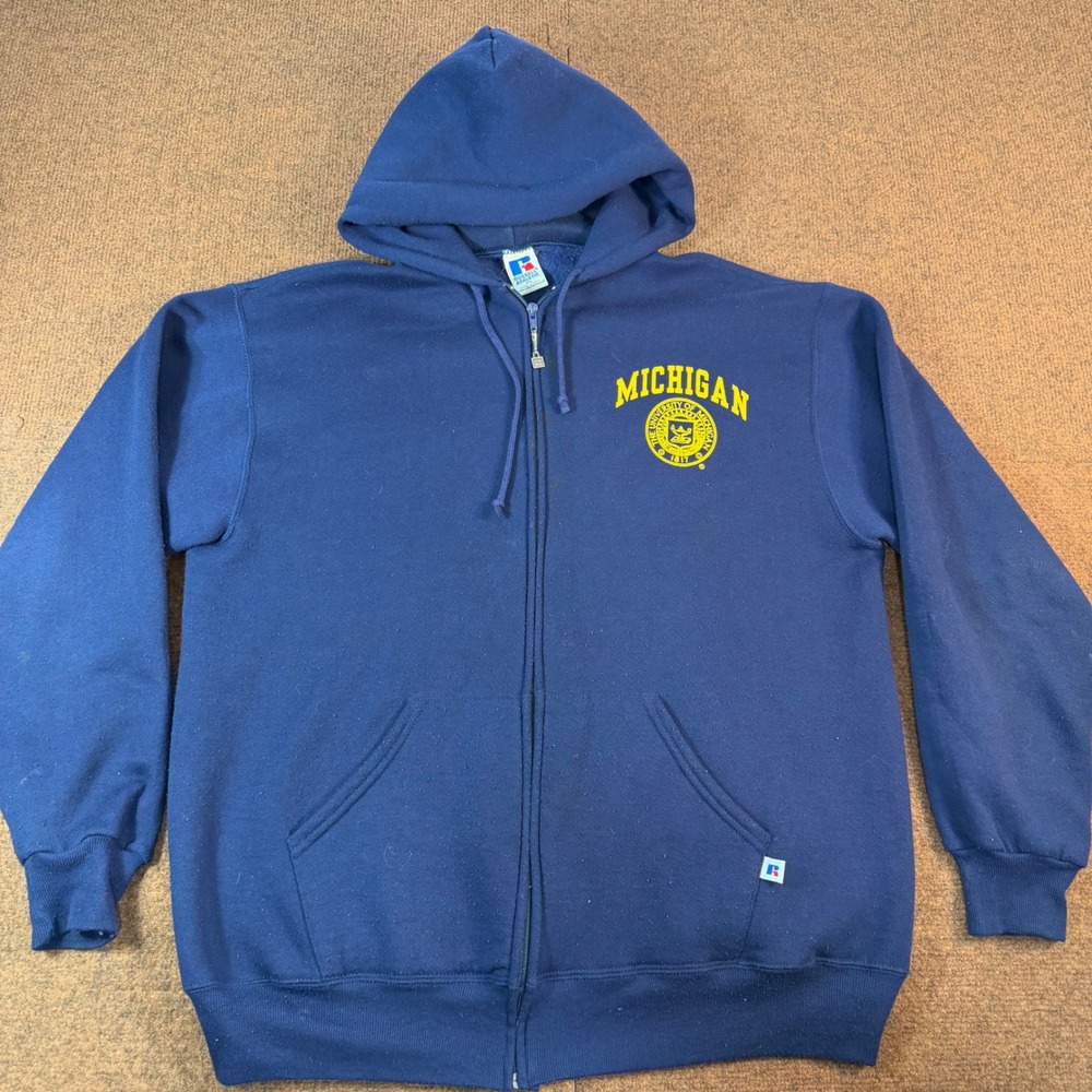 Russell Athletic Michigan Hoodie Mens XL Full Zip Navy Blue Vintage USA Made